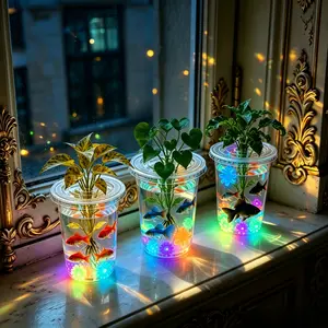 4 Sets Mini Desktop Eco Fish Tank, Hydroponic Plant Pot, Glow Effect, Pet Material, Easy Water Change, No Power Needed, High Transparency