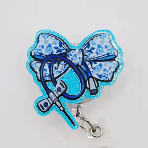Blue Bow with Butterfly Needle Glitter Acrylic Retractable Badge ID Reel Belt or Alligator Clip Perfect for Phlebotomists and Nurses Cute Nurse pink bow doctor reels