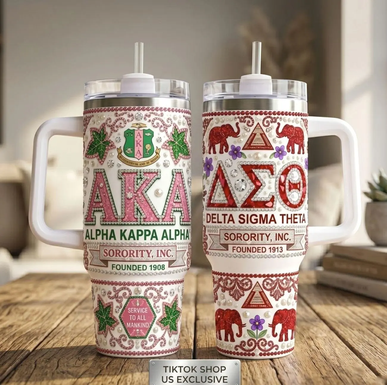 Sorority 40oz Tumbler with Handle | AKA Alpha Kappa Alpha & DST Delta Sigma Theta Bling Rhinestone Insulated Travel Mug | Greek Life Sisterhood Gift