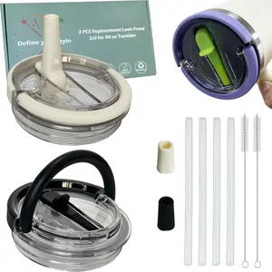 2 count Handle Flip Straw Lid Replacement for  40 oz Tumbler, Leak-proof Lid,Spill Proof and Splash Resistant Tumbler Cover,with Detachable Suction Nozzle(Black and Cream)