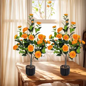 Artificial Camellia Tree 2 Pack, 36"Faux Camellia Plant in Pot with Orange Flowers, Greenery Potted Plant for Indoor Outdoor Office Home Porch Decor, Orange,Gift for Mother's day Creative Hydroponic Flower Vase home living room office decor