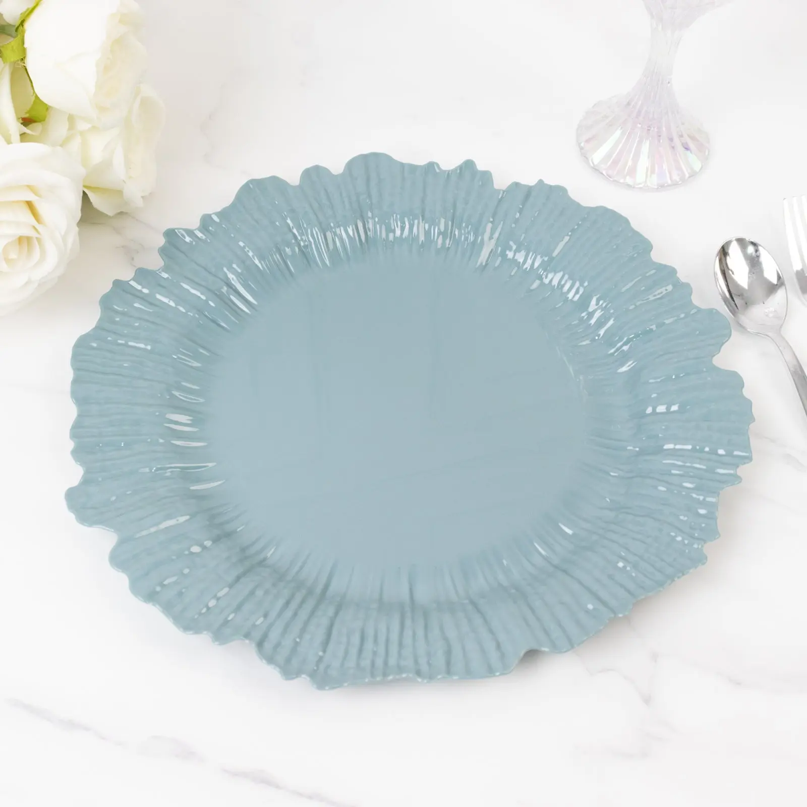 PP Disposable Charger Plates, 10-Pack 13-Inch Economy Reef Plastic Plates - Dusty Blue for Weddings, Party Events