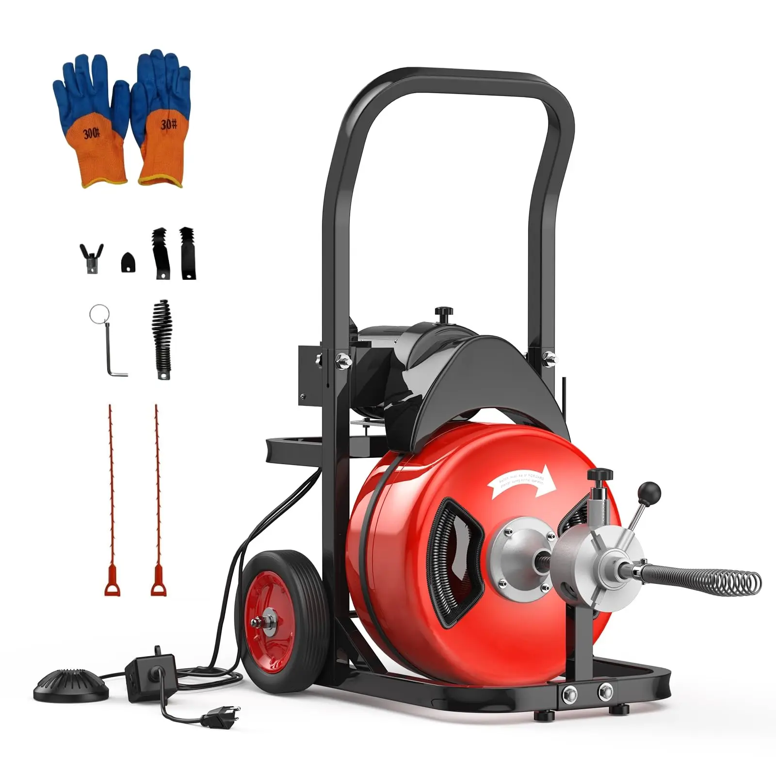 100FT x 1/2" Steel Core Cable Electric Drain Cleaner, 370W Auto Feed Sewer Auger, Built-in 2 Wheels & 6 Cutter Heads, Air-Activated Foot Switch, Heavy Duty Pipe Snake for 1"-4" Pipes, Red & Black