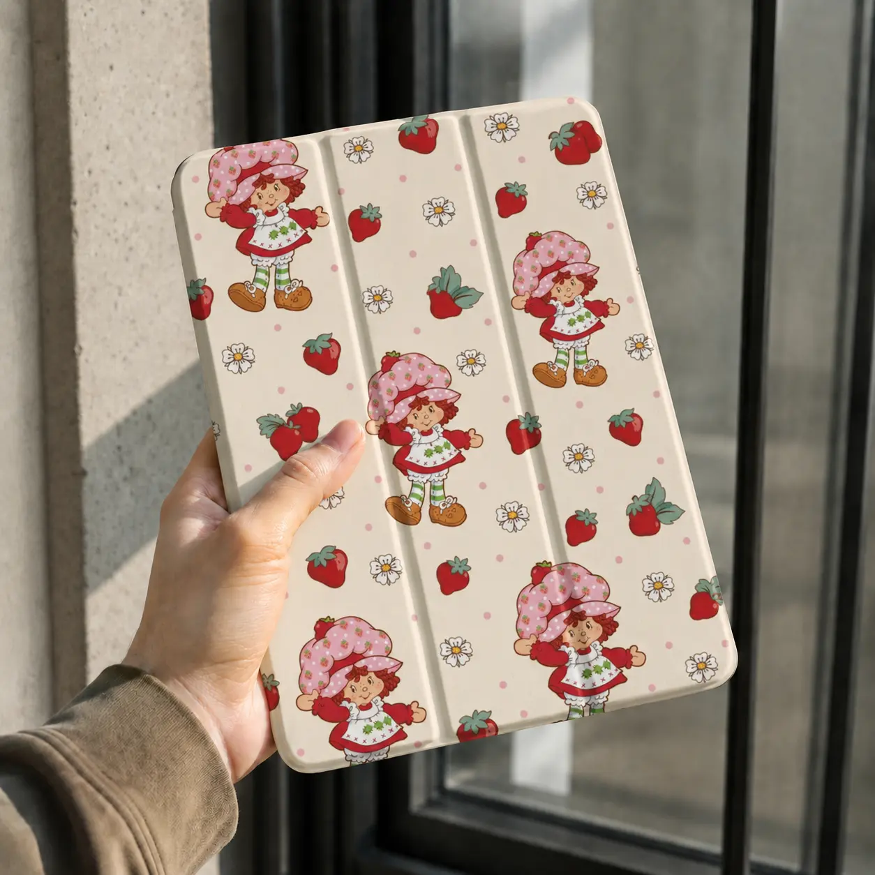 Cute Strawberry iPad Case, Kawaii Clear Back Tri-Fold Stand Cover with Cartoon Floral Print