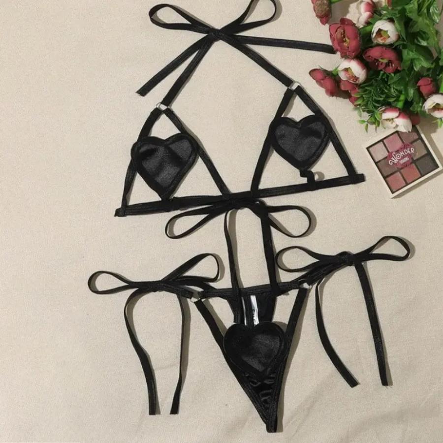 2026Black Red Satin Lingerie Set with 3D Heart Appliqués | Adjustable Tie-Side Bralette & G-String | Perfect for Valentine's Day, Honeymoon, Anniversary, Date Night, Girls' Night, or Wedding Night | Sexy Gift for Her