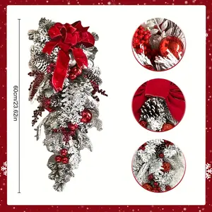 Christmas Wreath Decoration - 60cm/23.6in Snowball Red Berry Pine Cone Garland Ornament for Xmas Party, Front Door, Wall Hanging, Indoors and Outdoors Home Decor