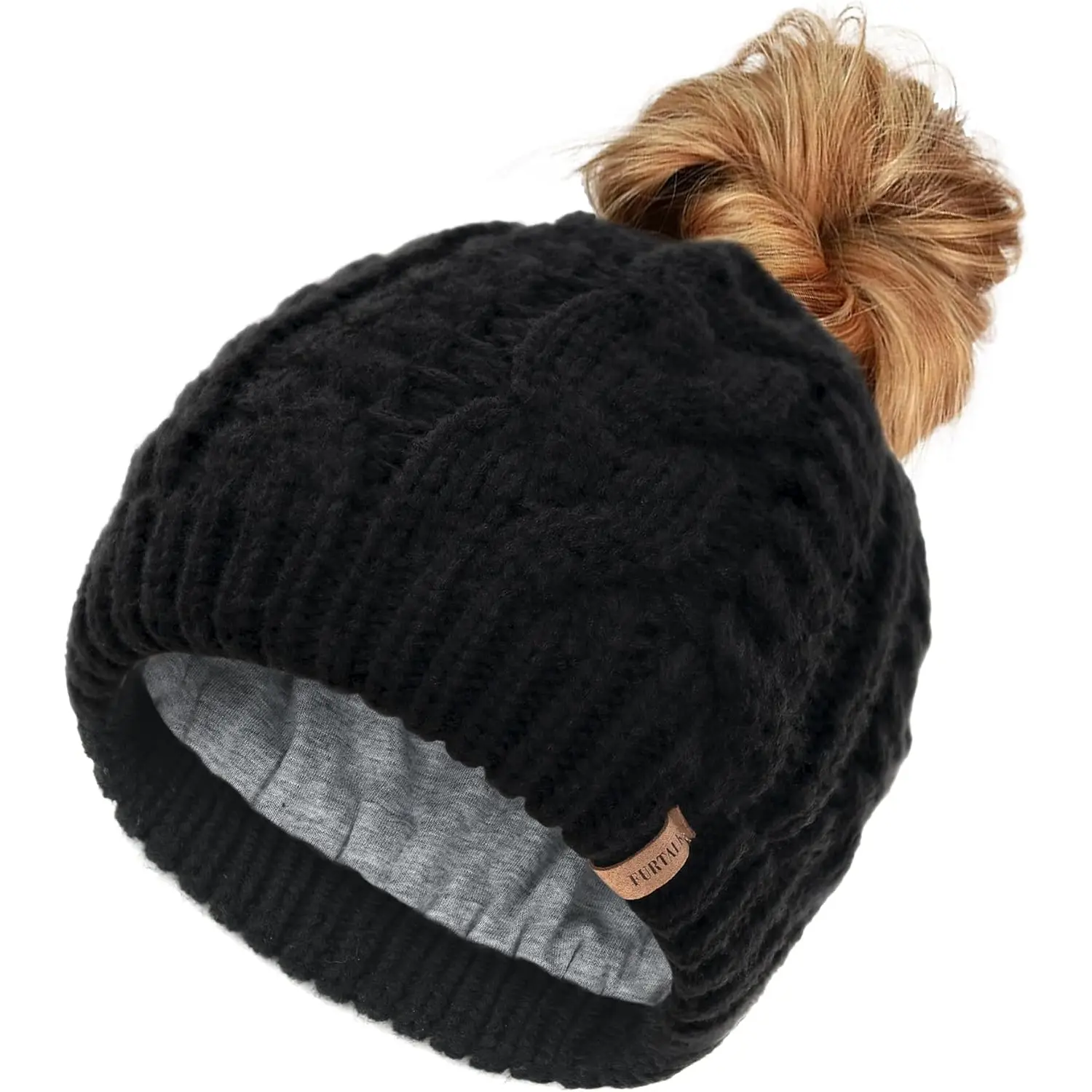FURTALK Ponytail Beanies for Women Messy Bun Winter Hat with Tail Hole Warm Lined Knit Skull Beanie Outdoor Runner Cap FURTALK