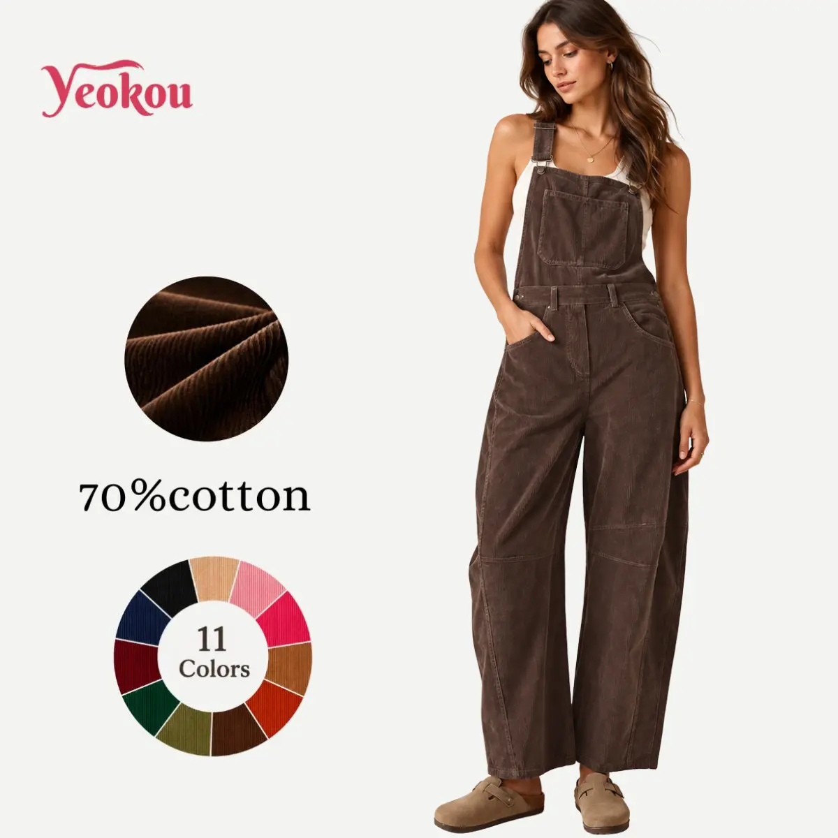 Yeokou Women’s Corduroy Bib Overalls - Fitted Clothing with Adjustable Straps, Barrel Wide Legs, Pockets, V-Neck, Corduroy Texture - Casual Daily Staple for Picnic Wear