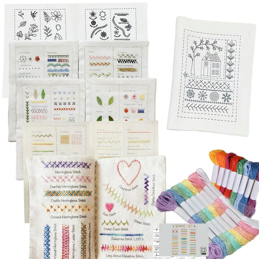 DIY Stitch Book, Embroidery Craft, Embroidery Stitch Book on Linen Fabric, Comprehensive Sewing Guide with 100 Patterns, With Sewing Tools, Embroidery Thread and Videos, Perfect for Beginners Enthusiasts, Handmade Gift, Cross Stitch Kit