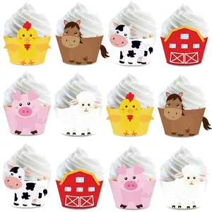12/24/48count Farm Animal Cucountake Wrappers Farm Animals Cake Decor for Baby Shower Birthday Barnyard Party Wedding Party Supplies
