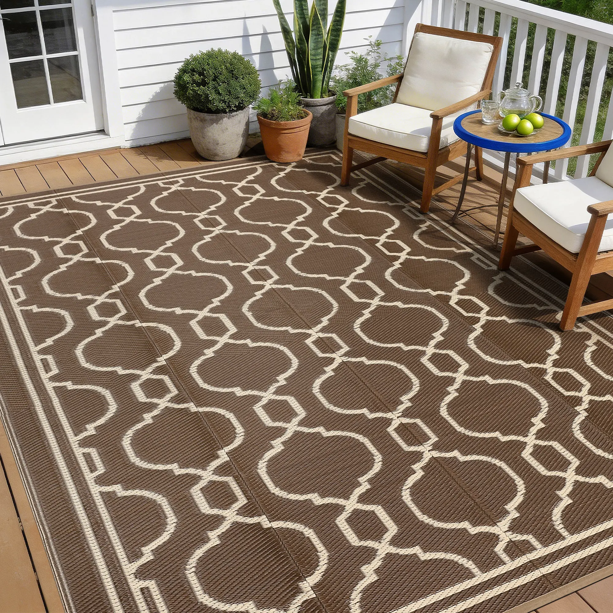 Outdoor Rug Waterproof for Patio, Foldable Reversible Plastic Straw Area Rug for Camping, RV, Balcony, Deck, Picnic, Beach, Blue & White