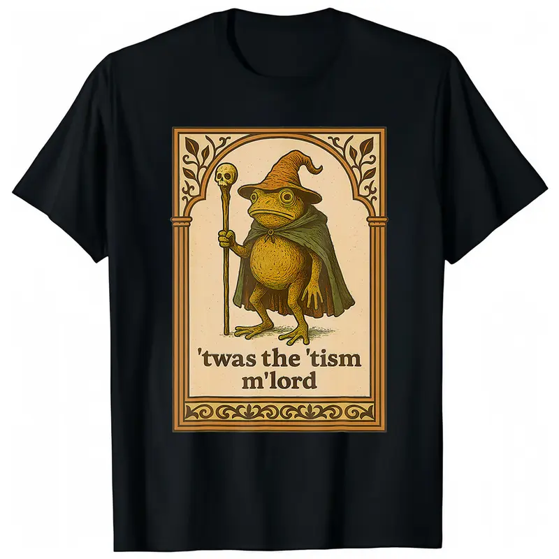 Men's Classic Cotton Short-Sleeve Crew Neck Tshirt - 'Twas the 'Tism M'Lord Funny Frog Wizard Autism Awareness Graphic, Soft Casual All Seasons Wear, Peel-Resist Printed on Fabric, Lasts Crisp, Breathable, Unisex Sizes Streetwear Top