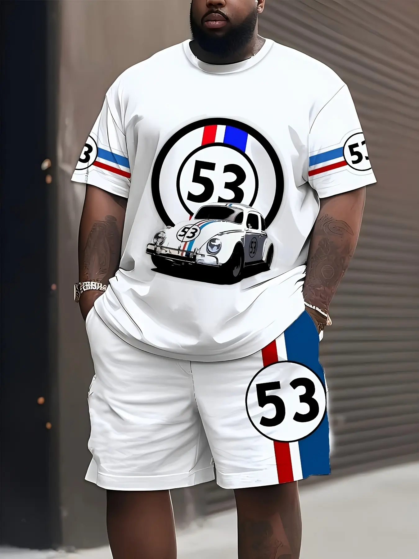 Minimalist retro car Print pattern casual outfit Man Menswear - A combination of stylish loose Round Neck T-shirt and shorts, in large size Clothes