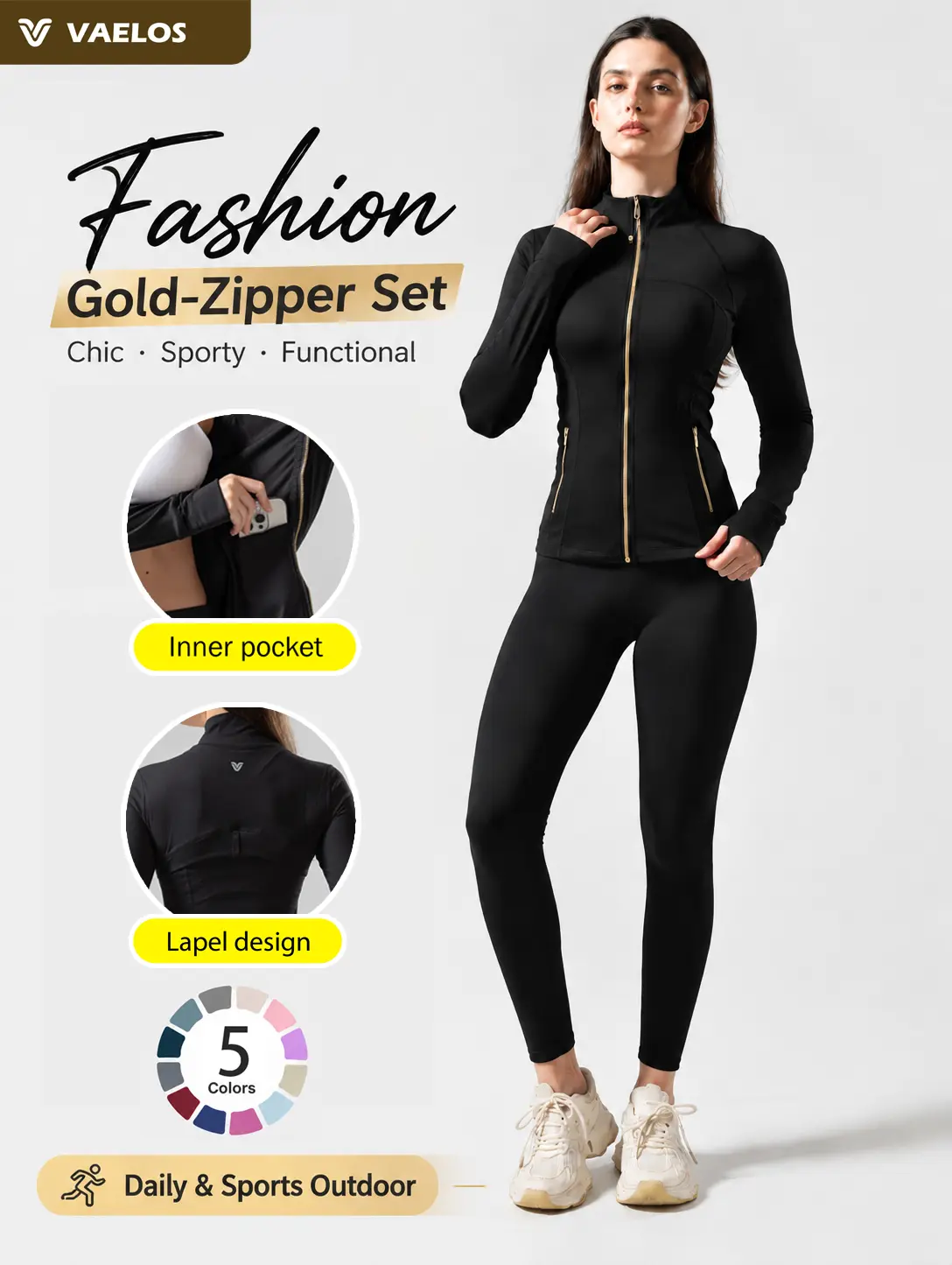 Women's Slim Fit Athletic Jacket Matching Leggings Workout Set - Gold Zipper, High Stretch, High Waist Yoga Pants, Gym Fitness Running Activewear, Back to School Clothes