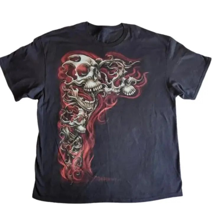 Gothic Punk Flaming Skulls Biker Grunge Affliction Black Graphic T-Shirt, Skulls Shirt, Unisex T-Shirt, For Men