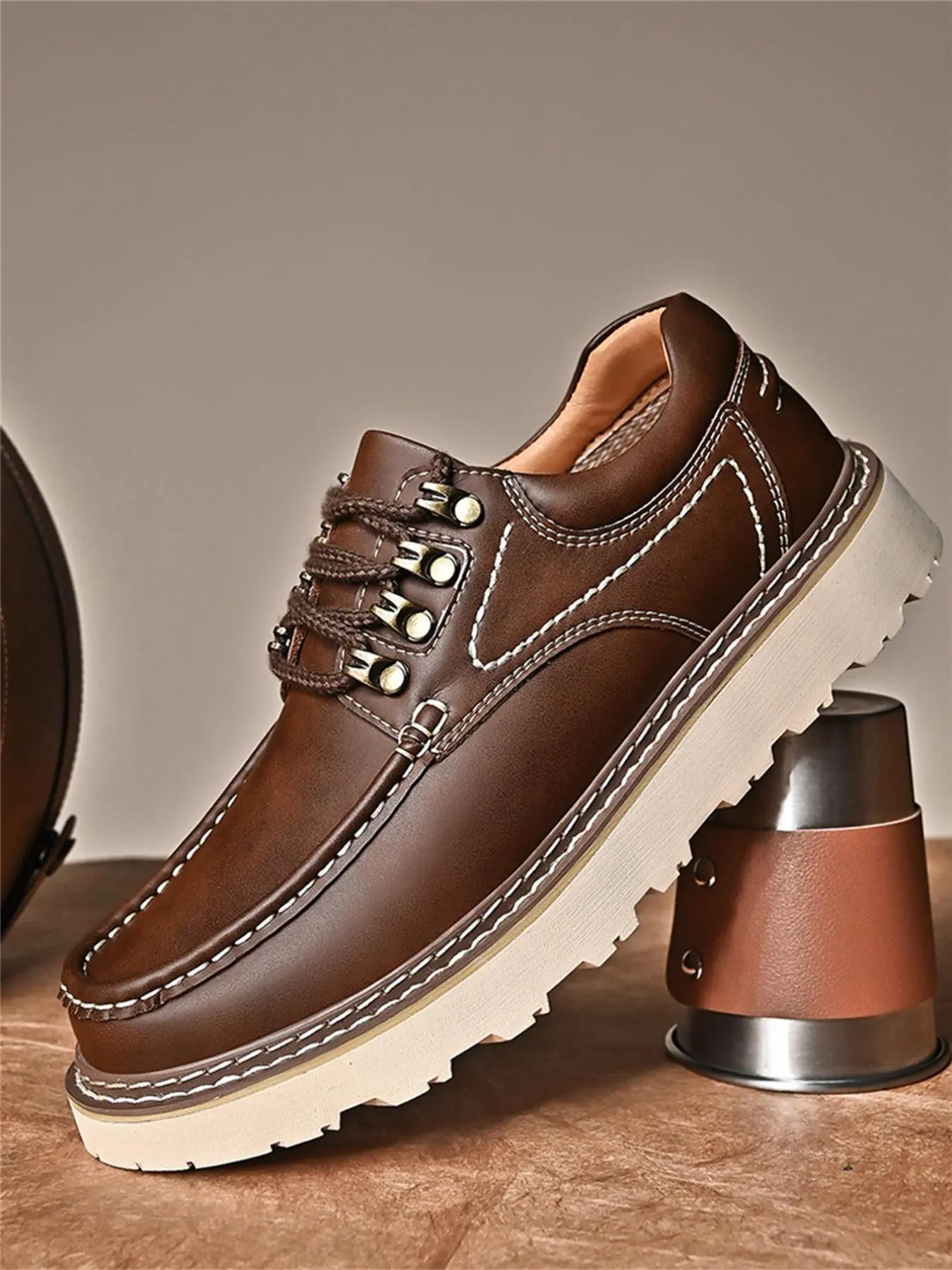 Men's Casual Lace Up Oxford Shoes, Fashionable Solid Color Derby Shoes for Outdoor Hiking, Male All-match Round Toe Shoes for Daily Wear, Leather Shoes, British Style Footwear