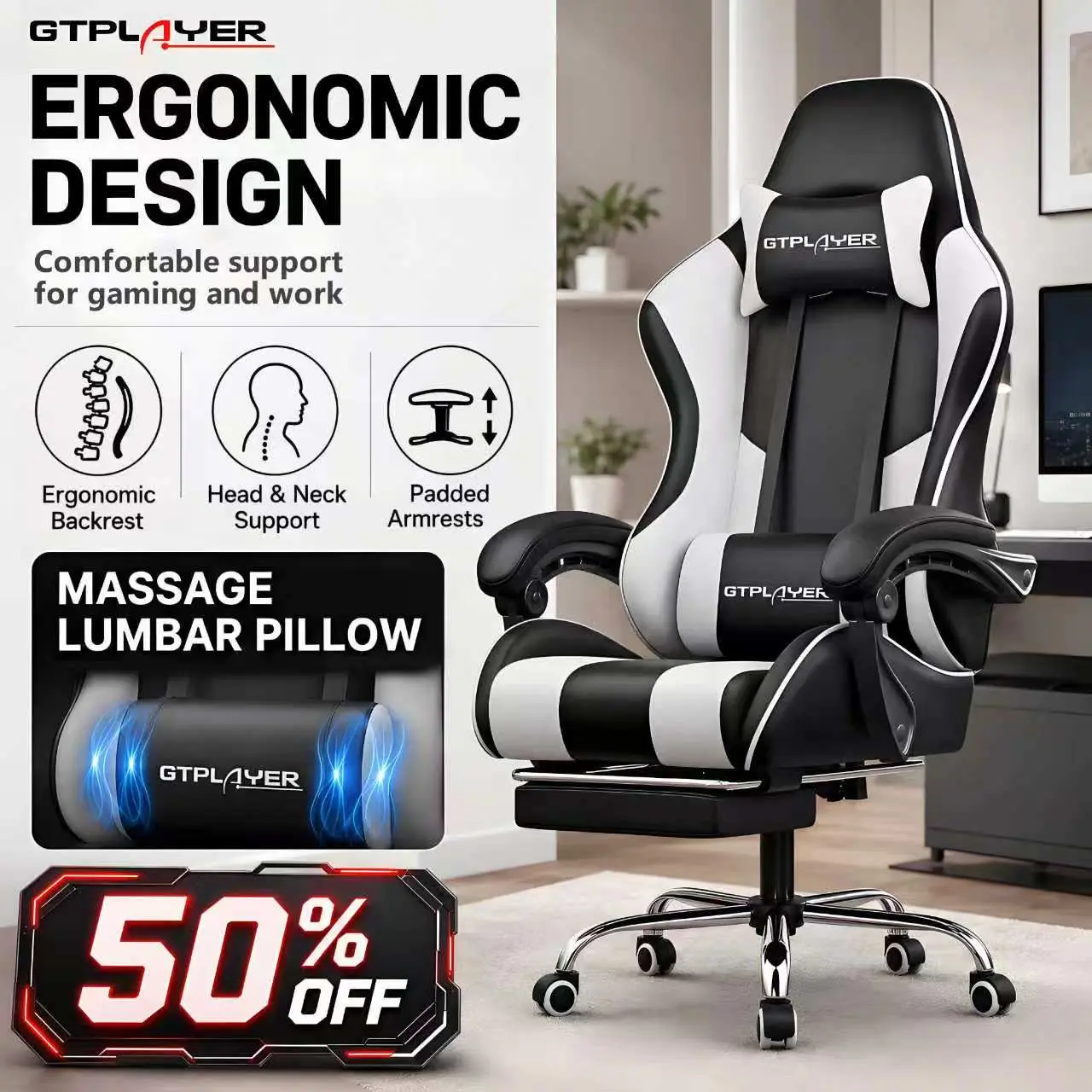 GTPLAYER PU Leather Computer Gaming & Office Chair - Ergonomic 360° Swivel Furniture with Padded Arms, Footrest, Lumbar Support, Headrest, Height Adjustment (Pearl White), Computer Gaming Chair