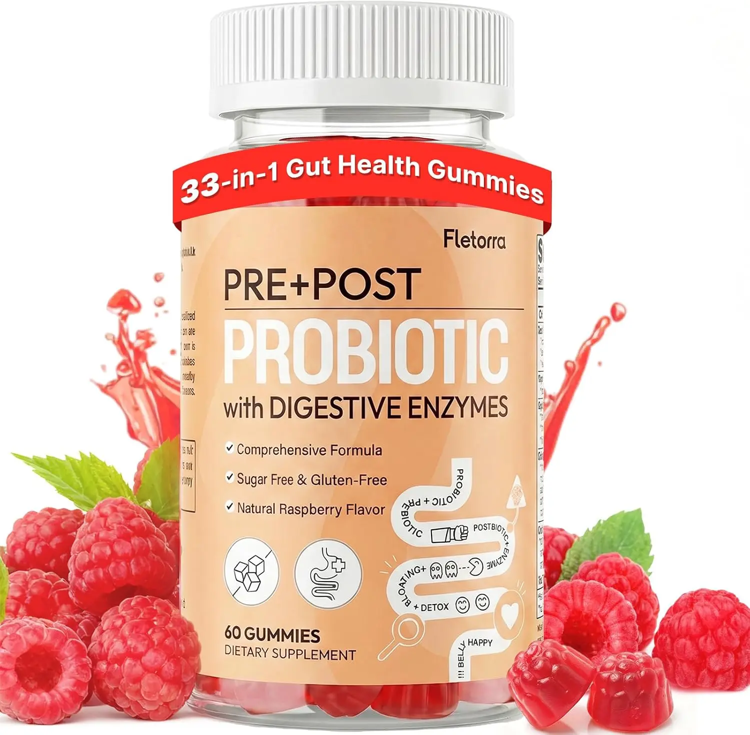 Probiotic Gummies, Probiotics for Gut Health, 0 Sugar - 60 Counts | 5-in-1 Prebiotics and Probiotics, Postbiotic & 16 Digestive Enzymes, Digestion, Immunity & Gut Health for Women & Men Supplement Vitamin