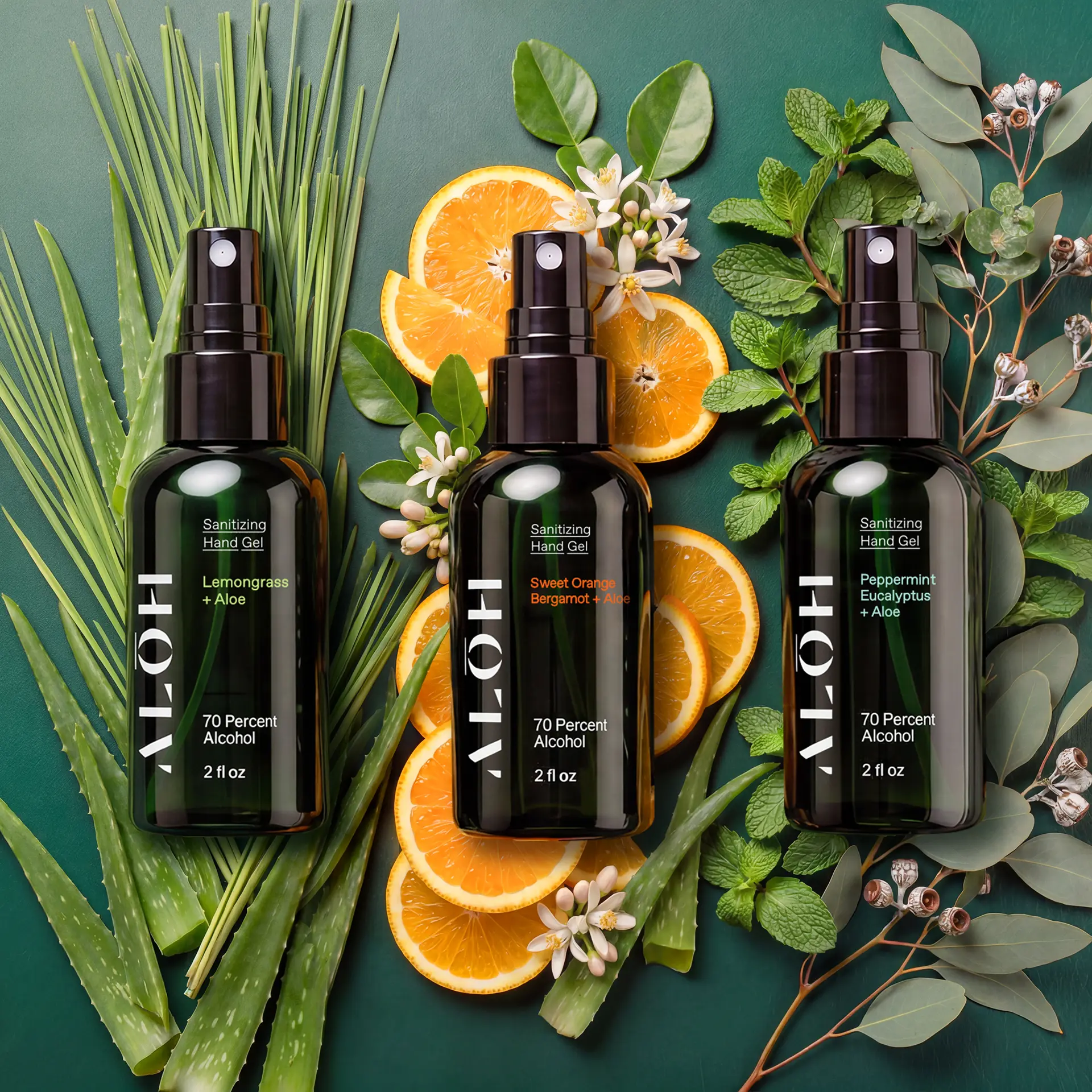 ALOH Ethyl Alcohol Hand Sanitizer Spray 3-Pack Variety - Lemongrass, Mint, Orange Bergamot, Natural Vegan Moisturizing Smoothing Formula