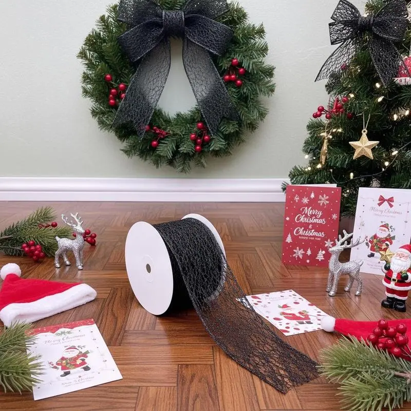 2.5inch 10Yards/rollChristmas Metallic Bow Ribbon, Champagne Shiny Mesh Wired Ribbon, Garland Ribbon, Suitable for Wedding Decoration/Christmas Tree Decoration/DIY Craft/Wreath Making/Home Decoration, Warm Atmosphere Matching