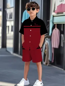 Boys' Fashion Rest Set, Short Sleeve Shirt Set, Cool Printed Blouse, Graffiti Design, Breathable Fabric, Casual Style, Outfit