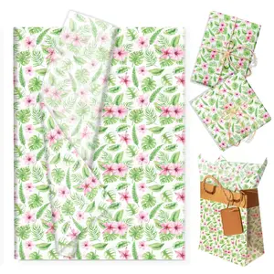 50 PCS Hibiscus Palm Leaf Hawaii Party Printed Tissue Paper Gift Wrapping Paper, 19.8x13.7 Inches Pearly Paper, Elegant Pastel Floral Napkins, Suitable for Birthday and Wedding Gift Wrapping Decoration