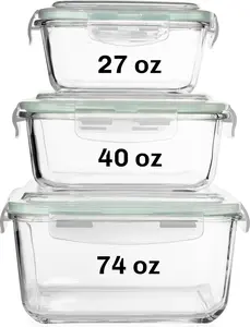 6 count Square Glass  Storage Containers with Airtight lids (74, 40 & 27 oz) Kitchen Glass Meal Prep Containers Set for Freezer  Leftover Lunch Boxes, Oven, Microwave, Dishwasher Safe