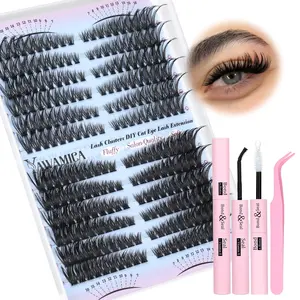 Lash Extension Kit 50D 80D Cat Eye Lashes Clusters Kit 7-16mm Wispy Cluster Eyelash Extensions Kit D Curly Eyelash Clusters 240pcs Individual Lashes with Bond and Seal Lash Tweezers DIY Lash