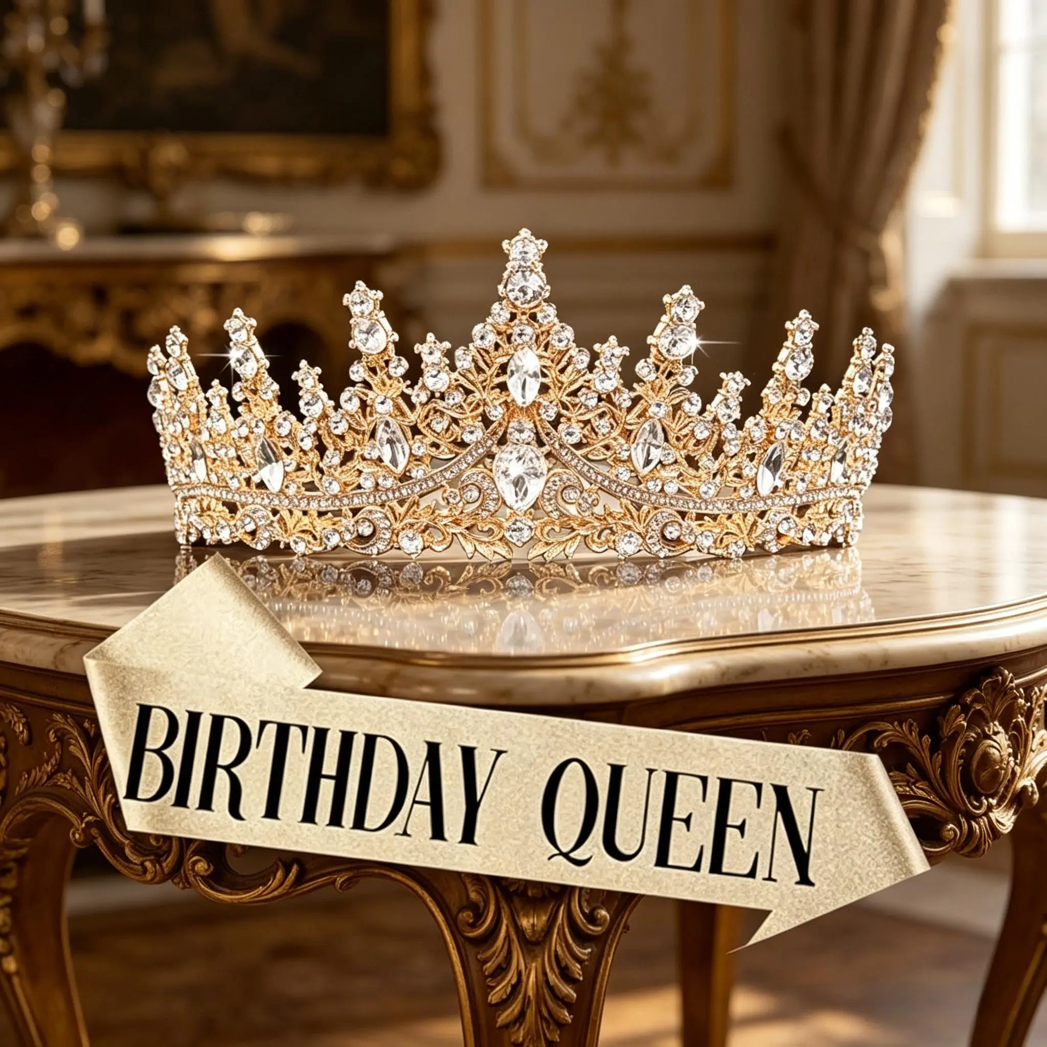 Sparkling Gold Crown Form Kitchen Specialty Utensil 2-Piece Set - Crystal-Embellished Wearable Tiara, Black Glitter Text, Double Face Satin Adjustable Sash, Home Decor Statue, 1.8in H, 14cm Diam, 3.5in Sash, 4.5cm H - Ideal for Wedding, Birthday Gifts, 1.