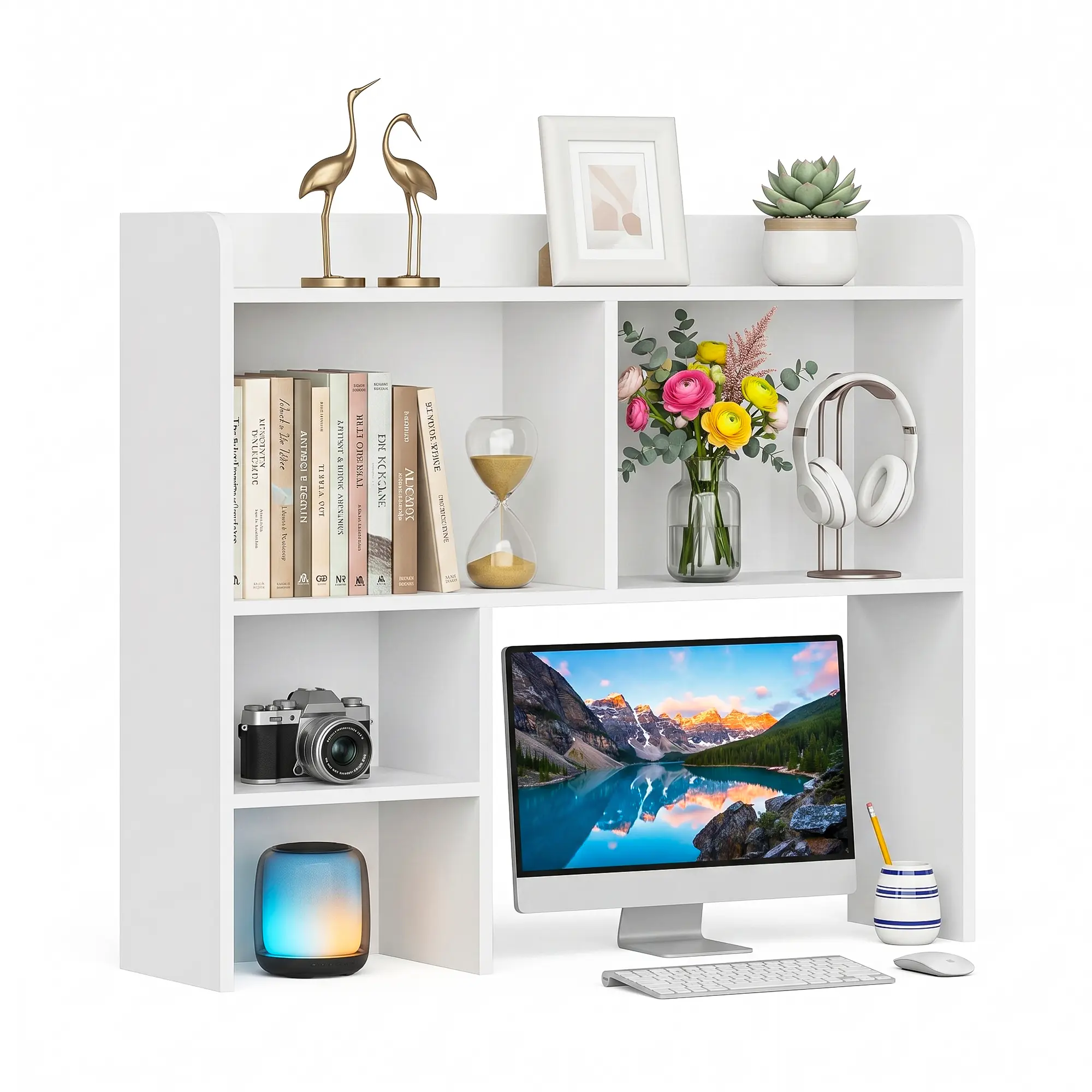 Segawe Premium 4-Tier Desk Shelf Organizer, Modern White Desktop Bookcase with Books Storage, Large Capacity, Easy Assembly, Extra Safe Round Corner Design for Home, Office