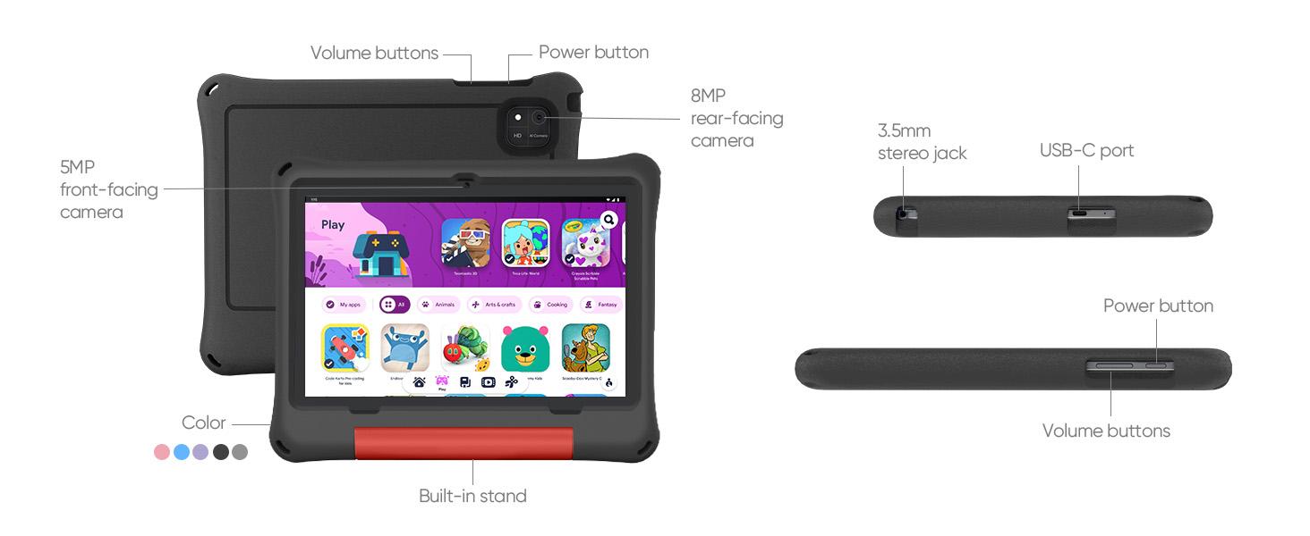 JUNINKE 10-Inch LCD Kids Android Tablet (Android 16), 24GB RAM+64GB ROM, 1TB Expandable Storage, Quad-Core, 1280x800 Display, 5MP Camera, Built-In 6000mAh Batteries, Parental Controls, Shockproof Case, WiFi Enabled, Purple, Manufacturer Warranty, Android