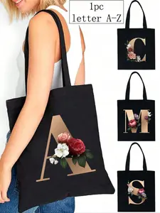 1pc Fashion Gold Letter Printed Canvas Handbag, Shoulder Bag, Fashionable Tote Bag, Large Capacity Women'S Shopping Bag, Casual Shopping Bag, Foldable Reusable Travel Grocery Bag, Holiday Gift, Suitable For Students, Canvas Tote Bags