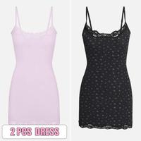 2pcs Dress(Pink/Black Floral)