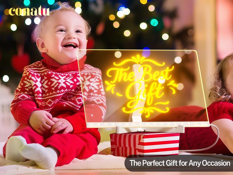 Conatu 儿童亚克力画板，亚克力干擦发光板，带支架、马克笔、湿巾、喷雾瓶和描图纸，可擦写重复使用，适合儿童学习，是生日、万圣节、圣诞节的理想礼物，也可作装饰霓虹灯。