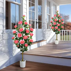 Alupssuc 2 Pack Artificial Camellia Tree with 24 Blooming Pink Flowers Fake Camellia Tree with Flower Pots for Outdoor Office Home Porch Decor 3/4 Feet Pink