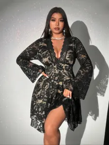 Plus Size Women's Lady V Neck Mini Dress, Lace Design, Fitted, Perfect for Parties or Dates, Casual Style, Long Sleeve, All Seasons, Womenswear