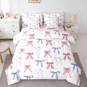 Feelyou Ultra Soft Microfiber Luxe 7-Piece Bowknot Bedding Set - Kawaii Theme Bow Comforter & Sheet Set with Sweet Ribbon, Multi-Size Pink White Bedding Collection