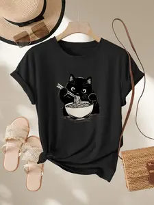 Japanese Cute Fun Style Cat Eating Ramen Print T-Shirt, Women's Casual Round Neck Short Sleeve Top, All Seasons, Daily Wear