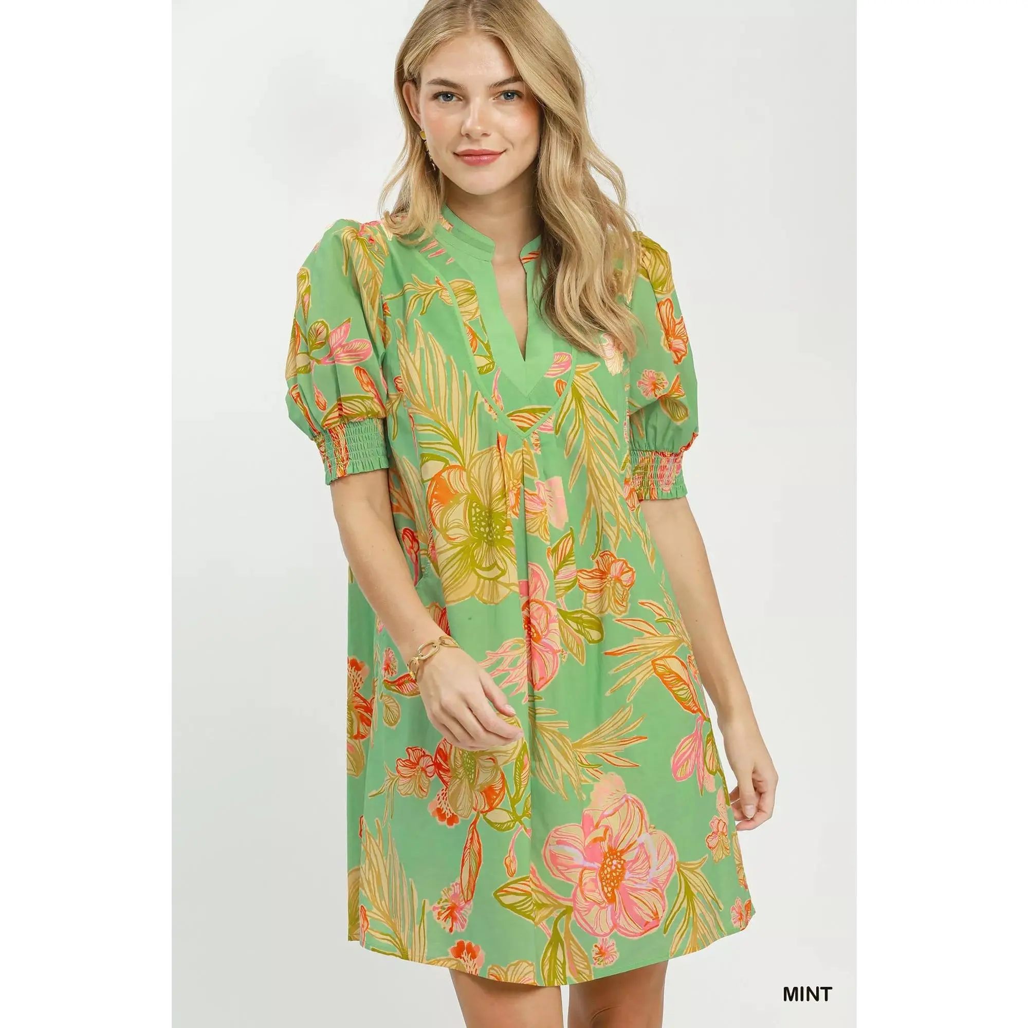 Umgee Botanical Print Dress with Smocked Cuffs