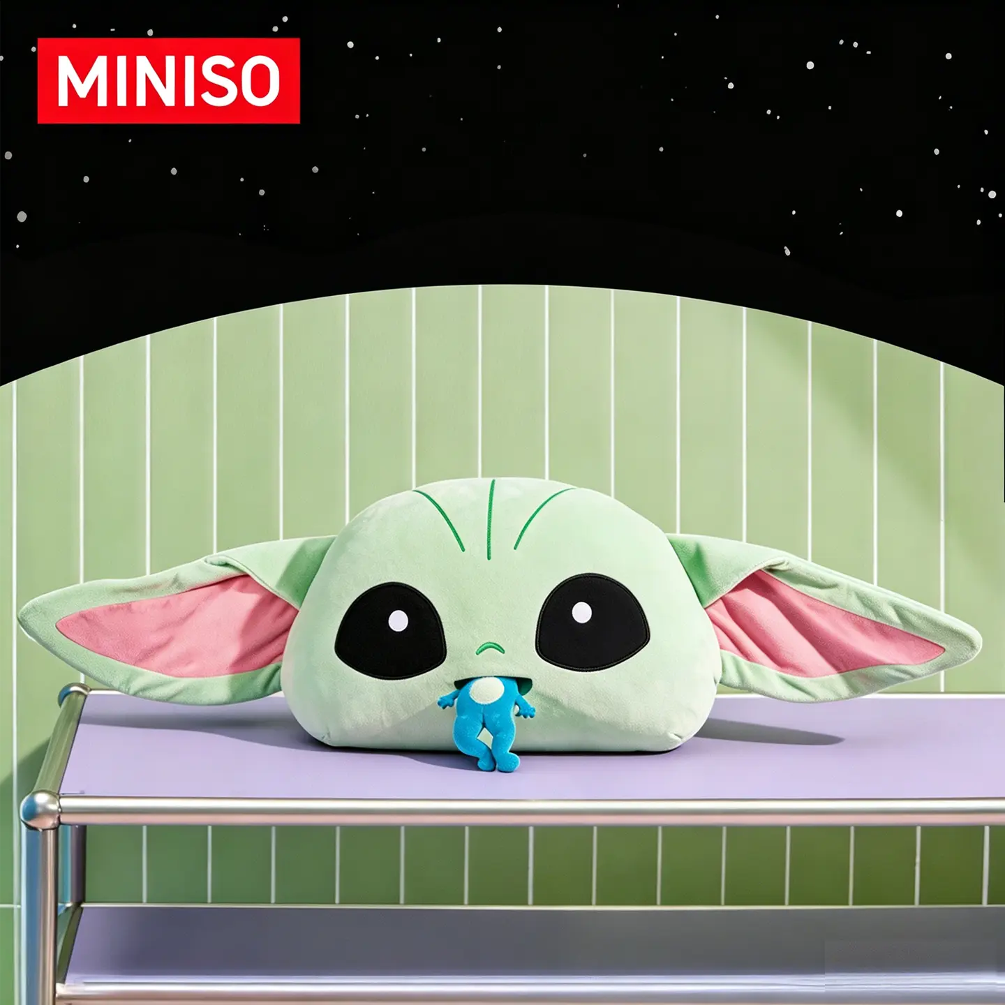 MINISO Star Wars Series No.20 Big Head Grogu Plush Pillow with Charming Frog Design, Soft Polyester Material for Cozy Feel, Fantasy & Sci-Fi Collectible for House Decoration, Ideal Gift for Star Wars Fans