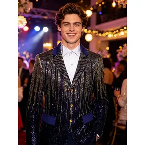 Gradient Meteor Sequin Blazer & Pants Set, 360° Shiny Party Suit
