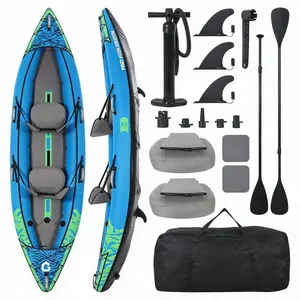 Inflatable 2-Person Fishing Kayak for Adults - 12FT Tandem Design - Padded Seats, 3 Removable Fins, Hand Pump, Carry Bag, Repair Kit - 450 LBS Capacity - Portable & Easy Storage for Lake and Recreational Use