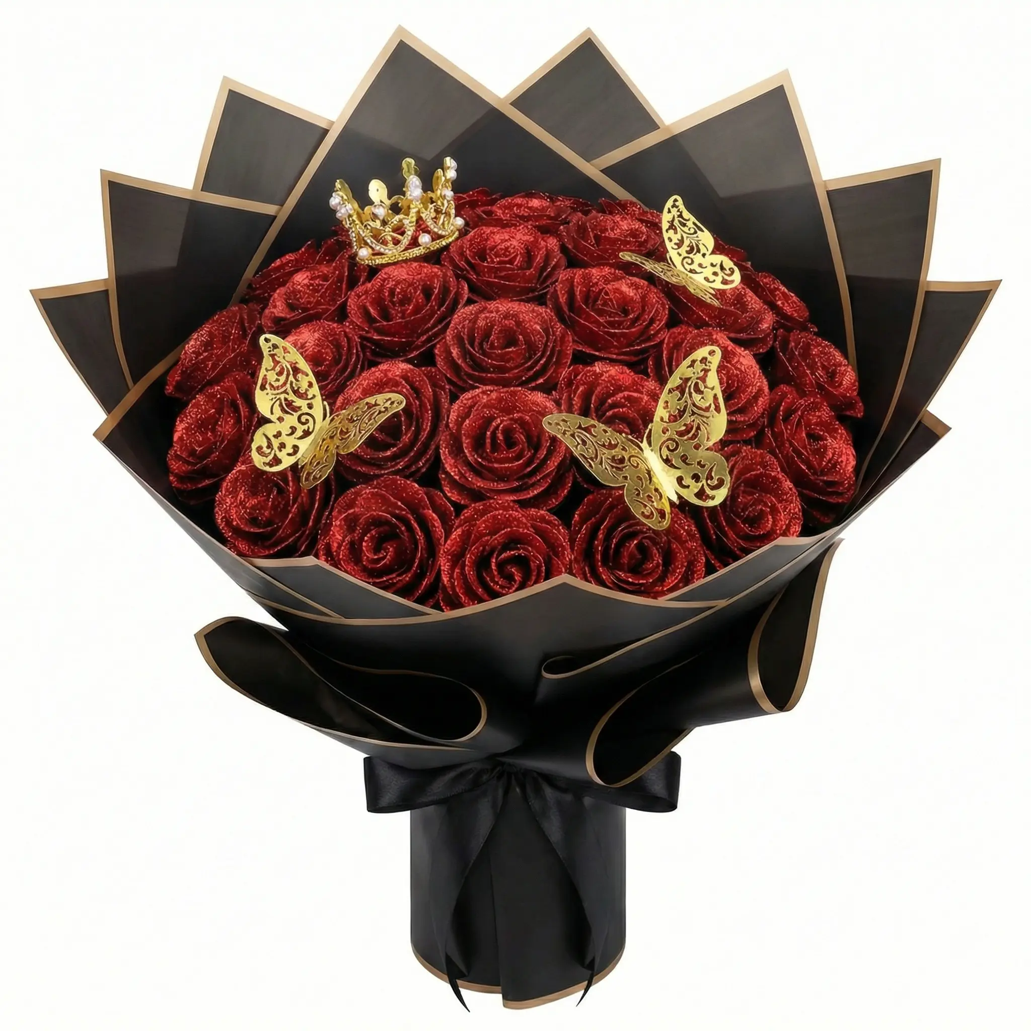 24Pcs DIY Glitter Roses Bouquet – Shiny Artificial Red Roses Bouquet Fake Rose Birthday，Anniversary, Engagement, Wedding, Gifts for Women DIY Decorations Gift Set