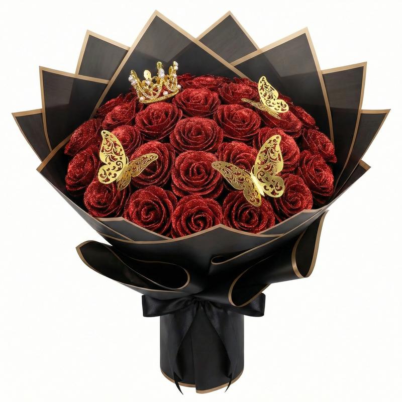 24Pcs DIY Glitter Roses Bouquet – Shiny Artificial Red Roses Bouquet Fake Rose Birthday，Anniversary, Engagement, Wedding, Gifts for Women DIY Decorations Gift Set