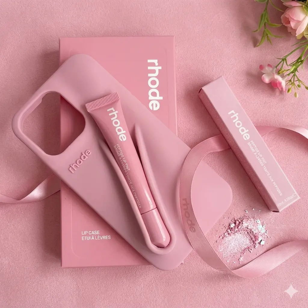 Rhode Lip Gloss Holder iPhone Case with Lipstick Set, Soft Silicone Protective Case for iPhone 15 14 13 12