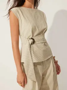 Cider Linen-blend Boat Neck Striped Tie-waist Cami Blouse