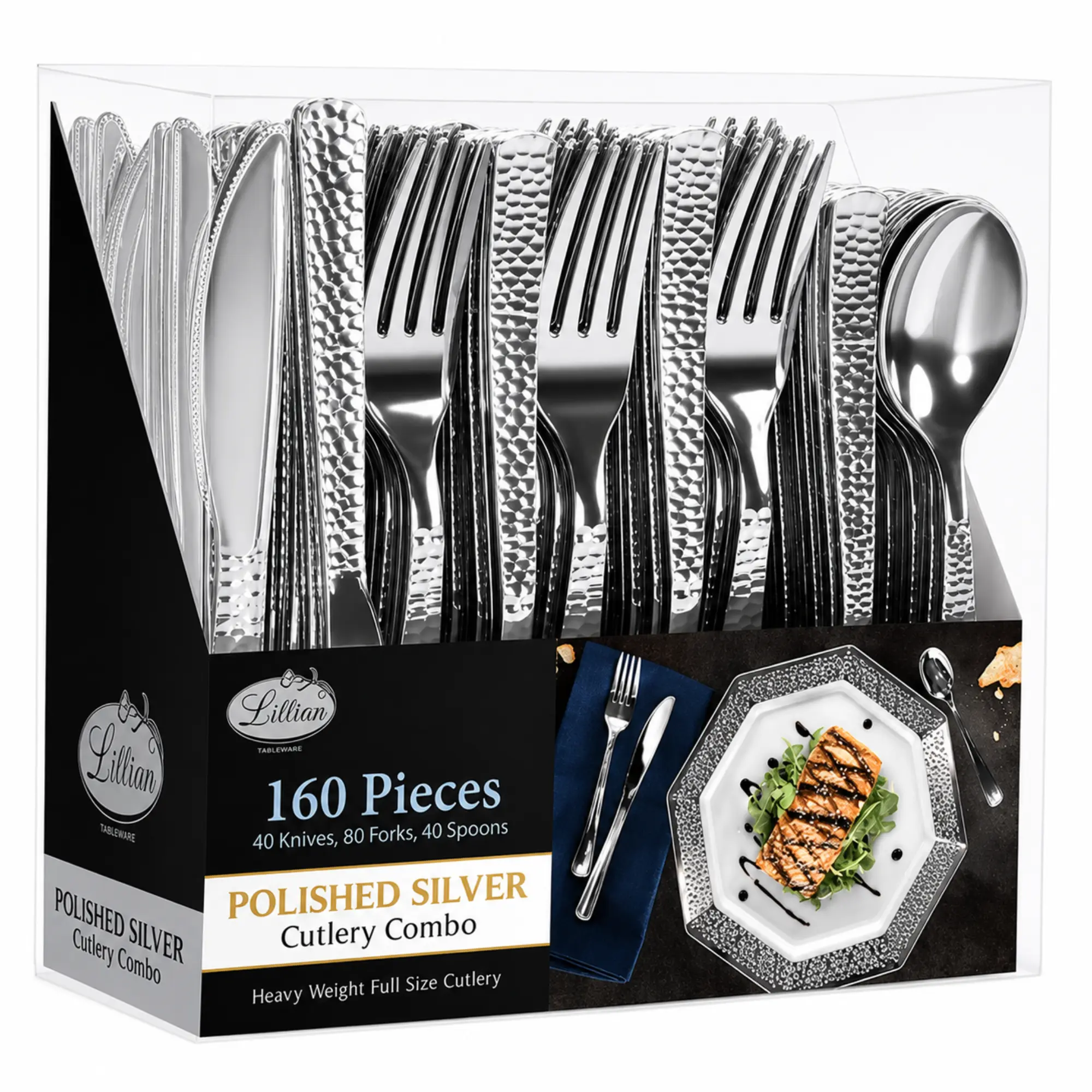 VeZee Lilian 160 Piece Hammered Heavyweight Silver Plastic Cutlery Combo Pack – 40 Knives, 80 Forks & 40 Spoons, Premium Disposable Heavy Duty Silverware Set for Parties, Weddings & Events