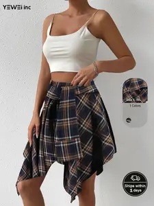 Women's Fashion MulticolorPlaid PrintAsymmetrical Hem HighWaist Skirt,Back To SchoolClothes, Casual ComfortElastic Waist TieredLayer Knee LengthSkirt for SummerGoing outStreetwear, Calentine'sldeasGift,Womenswear Bottom