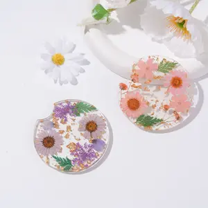 Real Flowers Resin Coasters, Round Shaped Cup Holder, Pink Purple Floral, Resin Pad, Car Coasters