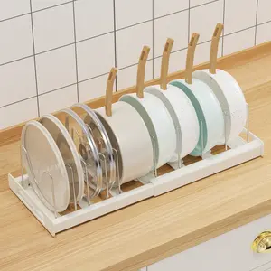 Pots and Pans Organizer for Under Cabinet 22" Expandable Food Storage Container Lid Organizers with 10 Adjustable Dividers Pot and Pan Lid Holders Rack Inside Cabinet&Kitchen Countertop(White)